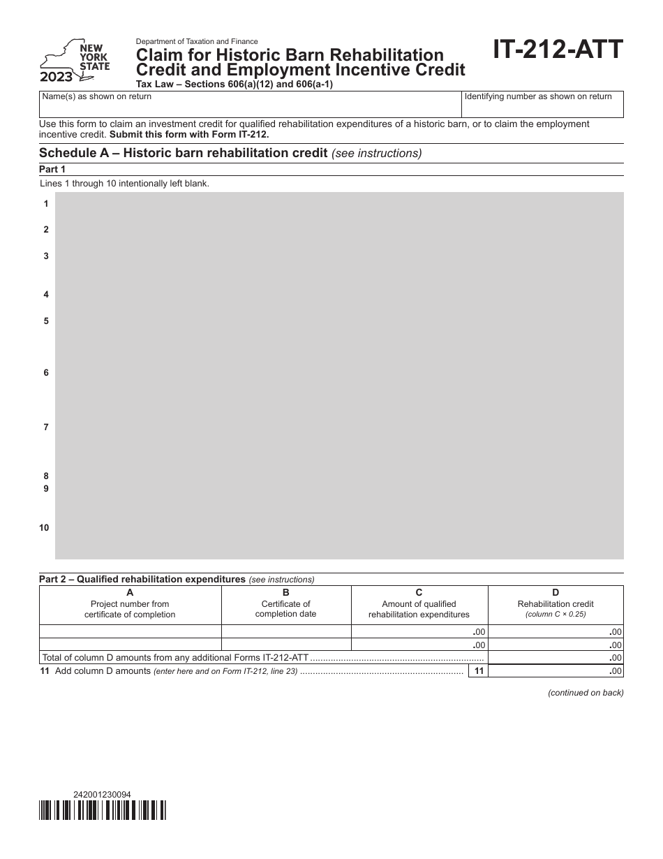 Form IT-212-ATT Claim for Historic Barn Rehabilitation Credit and Employment Incentive Credit - New York, Page 1