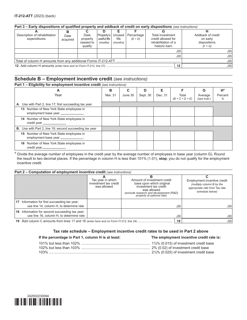 Form IT-212-ATT Claim for Historic Barn Rehabilitation Credit and Employment Incentive Credit - New York, Page 2