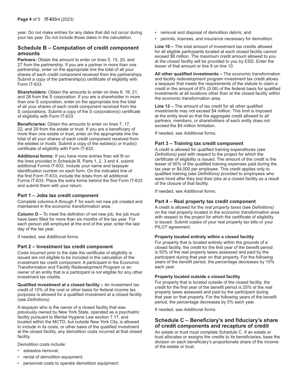 Instructions for Form IT-633 Economic Transformation and Facility Redevelopment Program Tax Credit - New York, Page 4
