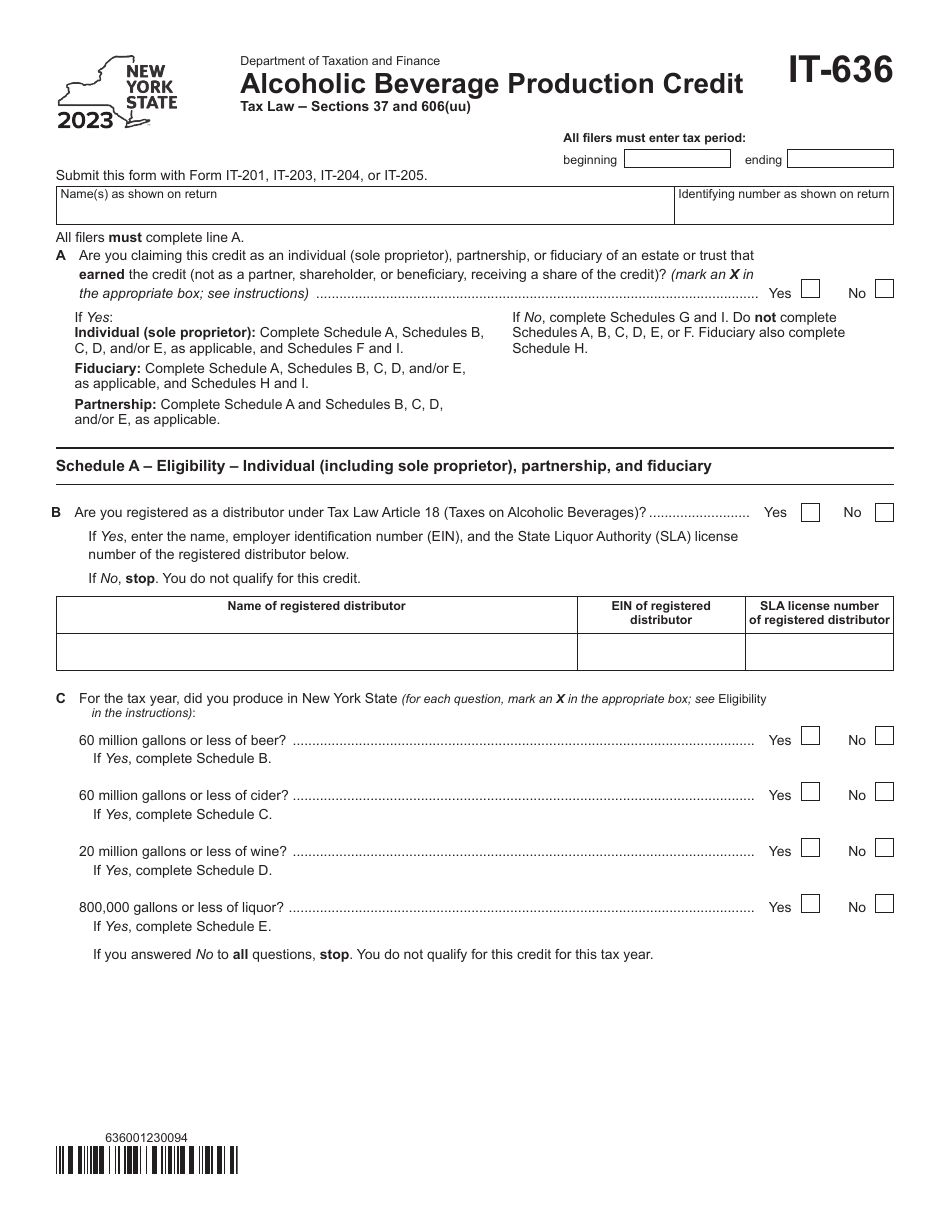 Form IT-636 Alcoholic Beverage Production Credit - New York, Page 1
