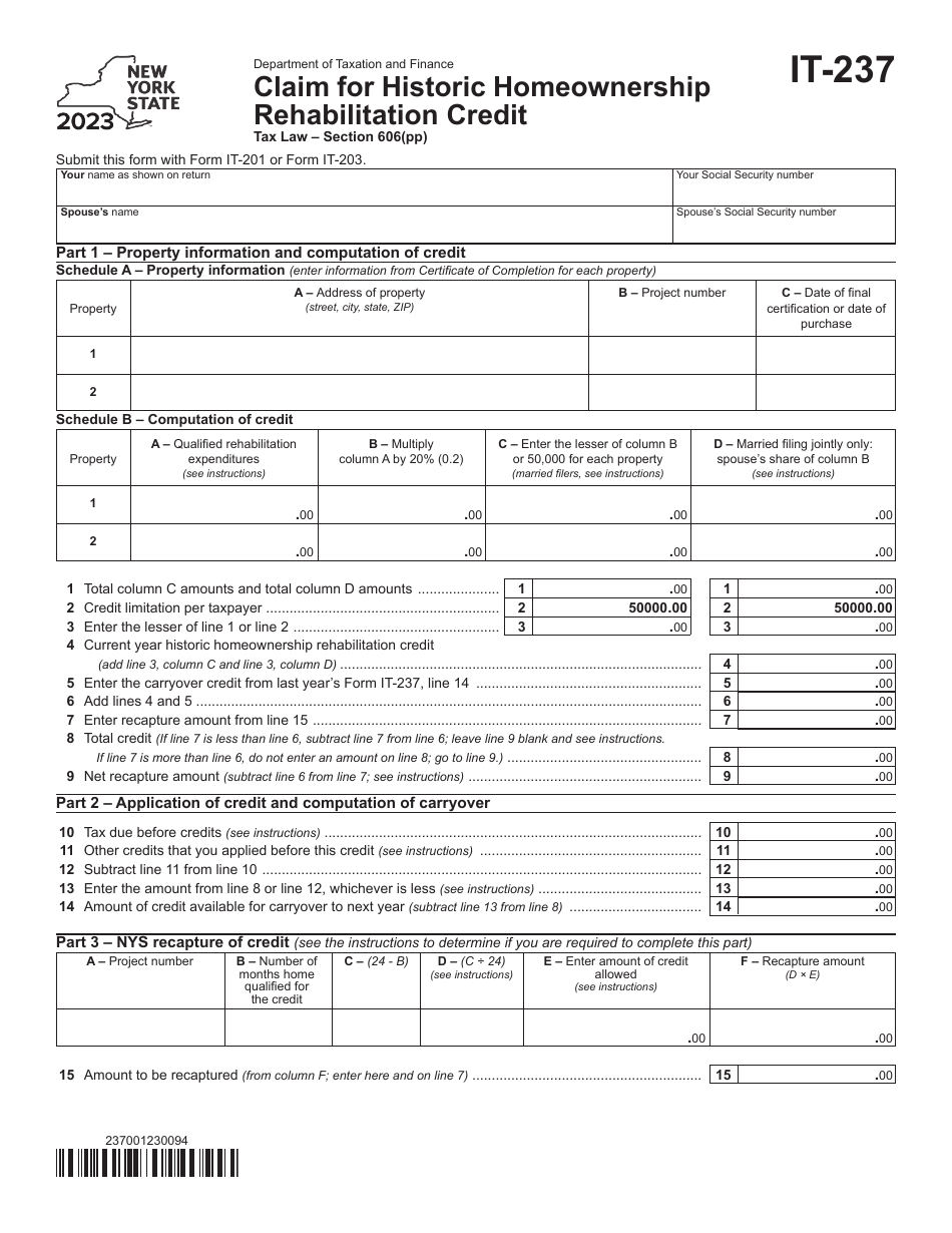 Form IT-237 Claim for Historic Homeownership Rehabilitation Credit - New York, Page 1