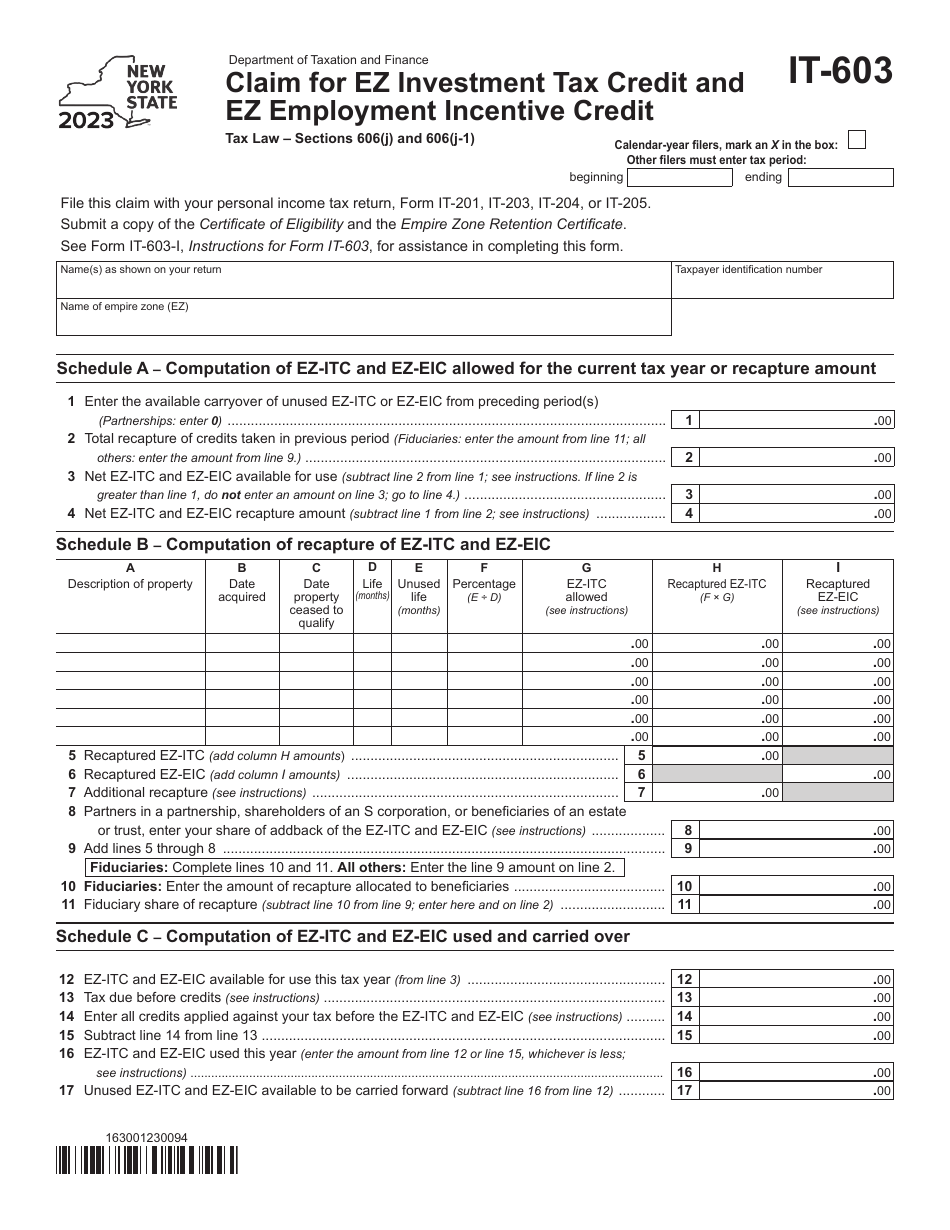 Form IT-603 Claim for Ez Investment Tax Credit and Ez Employment Incentive Credit - New York, Page 1