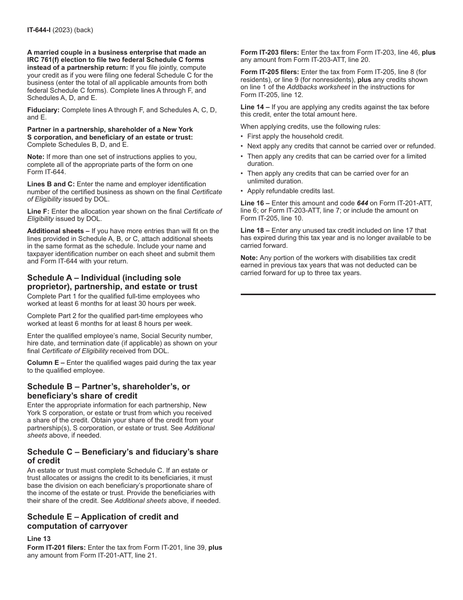Instructions for Form IT-644 Workers With Disabilities Tax Credit - New York, Page 2