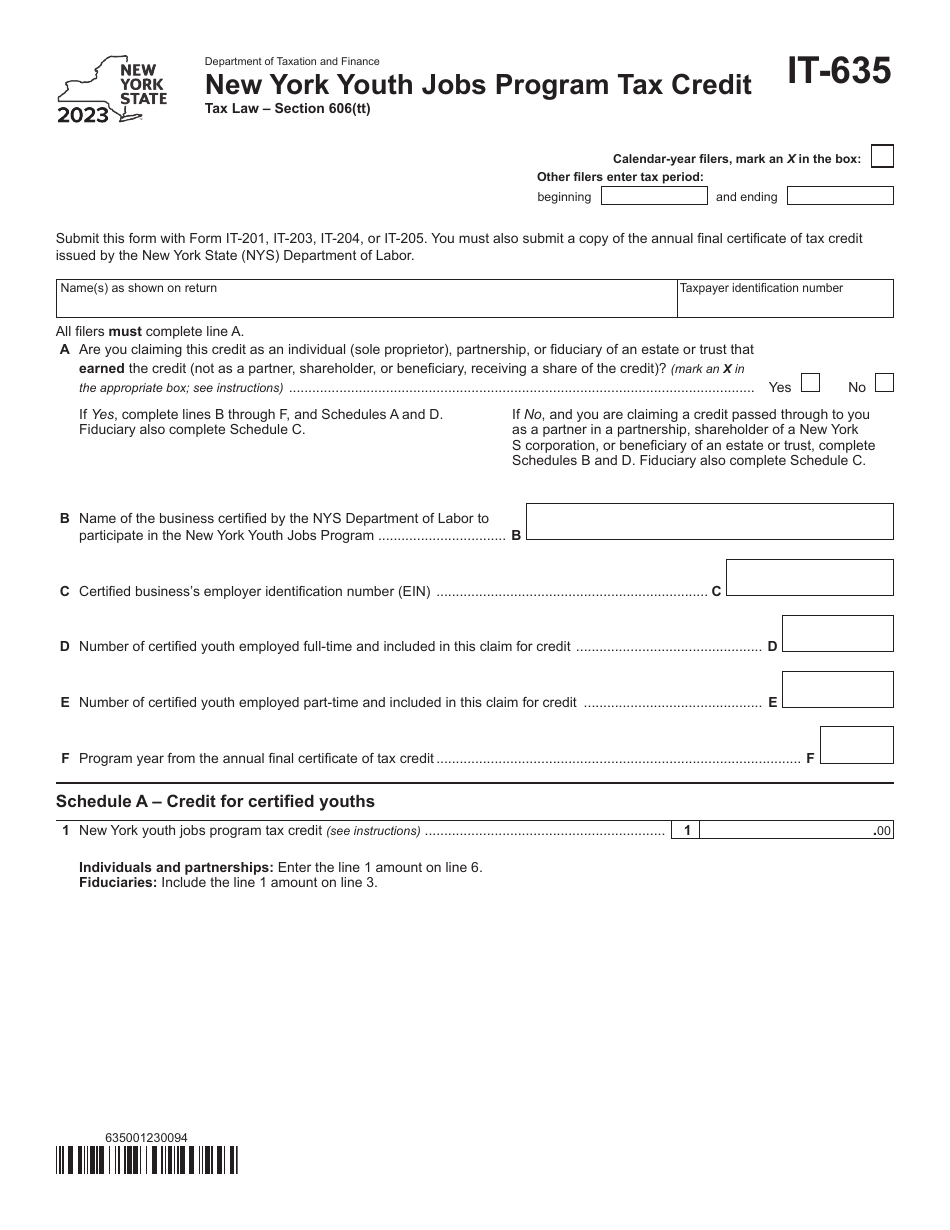 Form IT-635 New York Youth Jobs Program Tax Credit - New York, Page 1