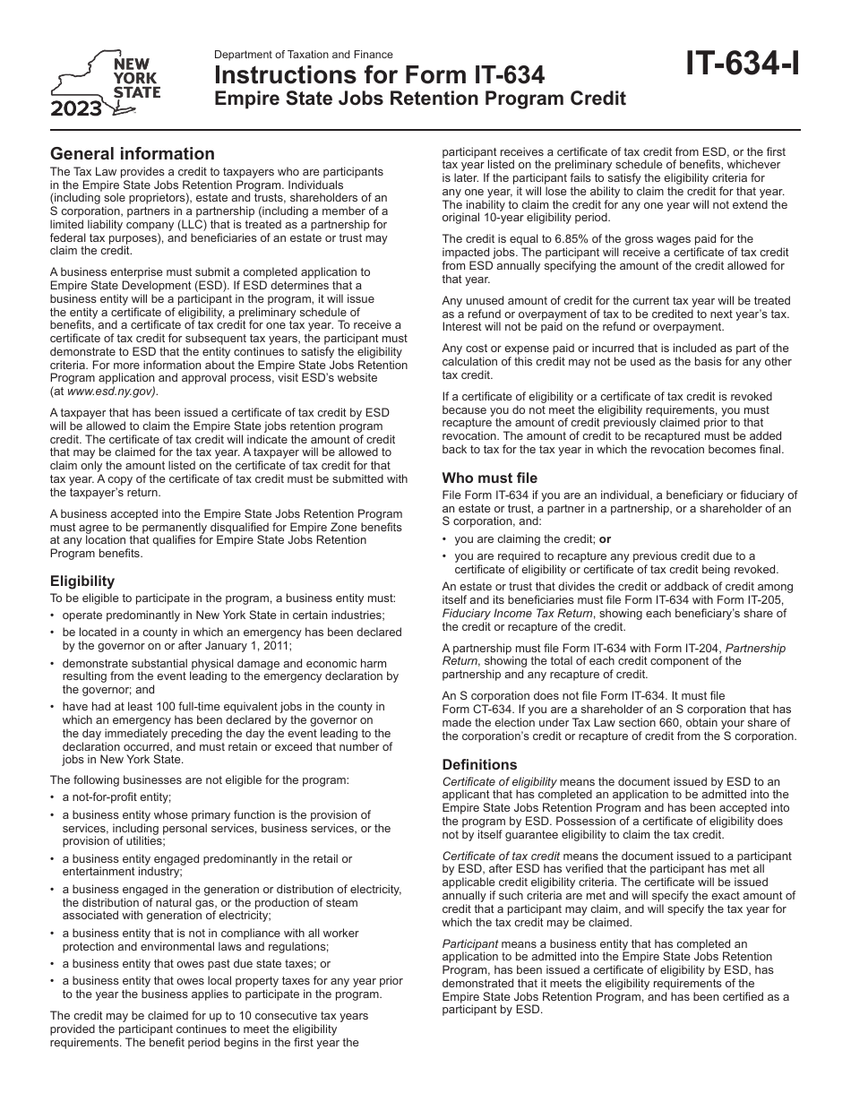 Instructions for Form IT-634 Empire State Jobs Retention Program Credit - New York, Page 1