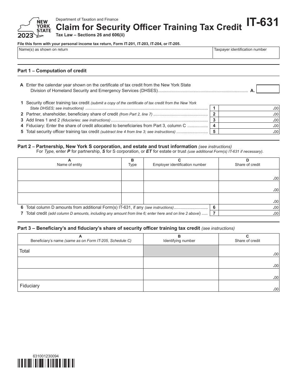 Form IT-631 Claim for Security Officer Training Tax Credit - New York, Page 1