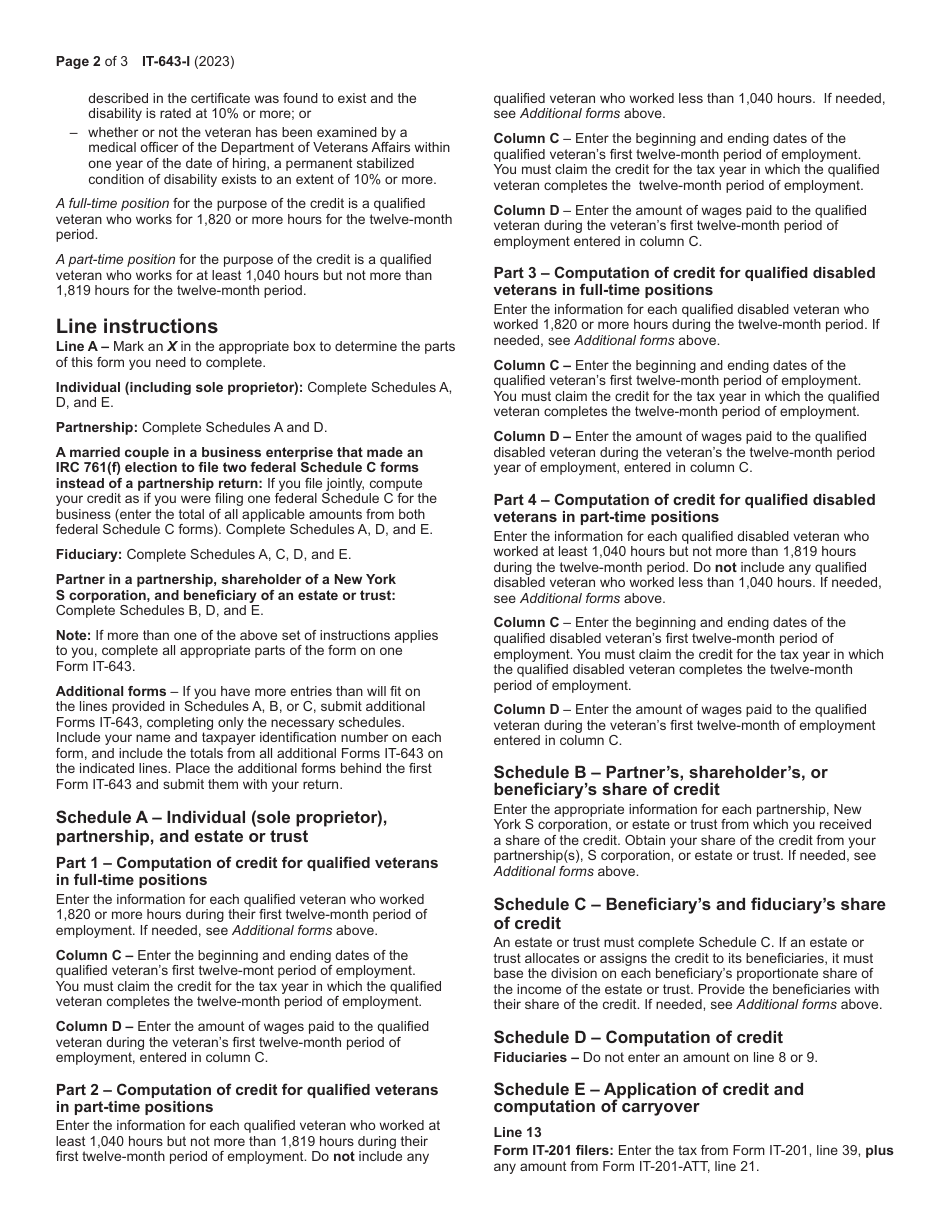 Instructions for Form IT-643 Hire a Veteran Credit - New York, Page 2