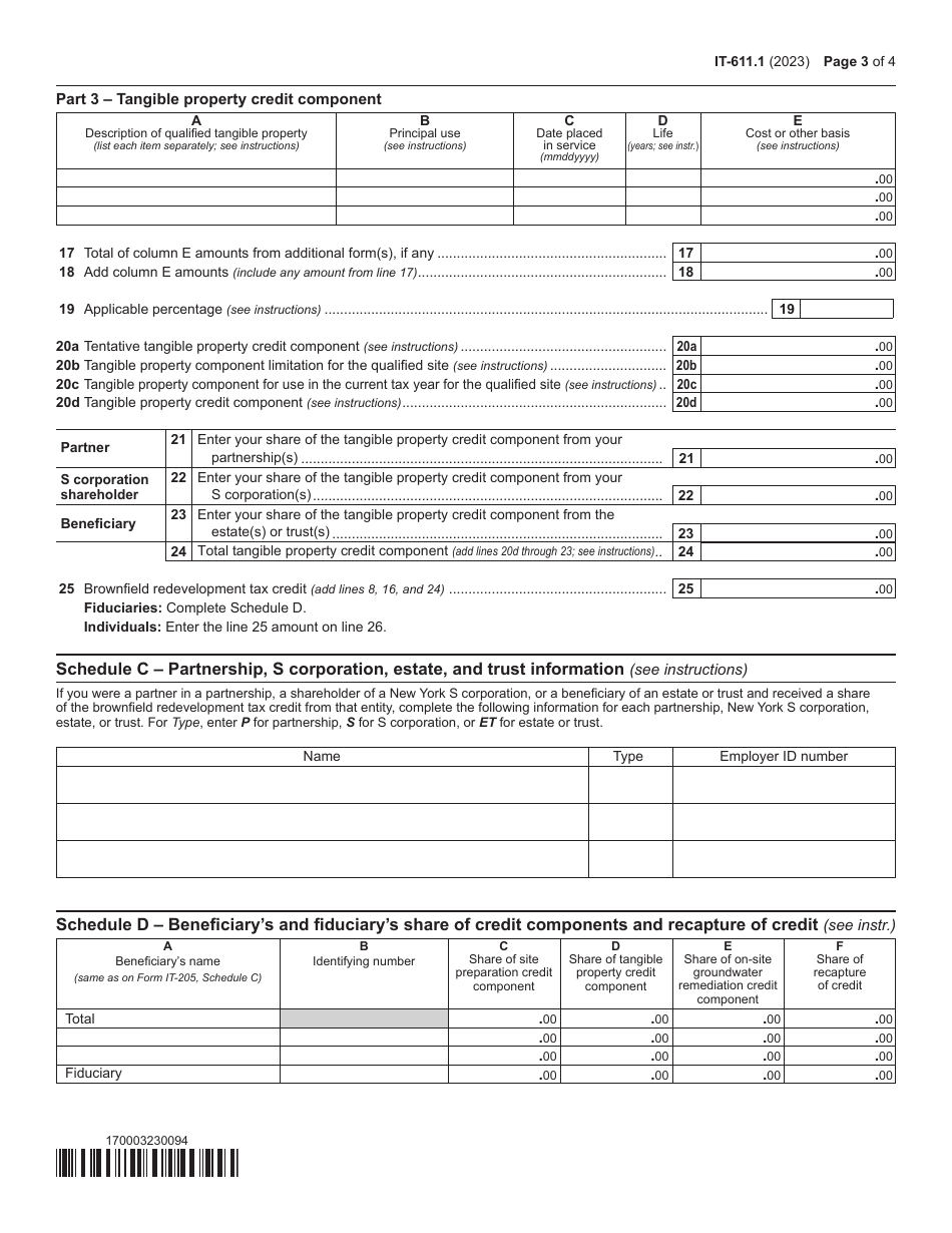 Form IT-611.1 Claim for Brownfield Redevelopment Tax Credit for Qualified Sites Accepted Into the Brownfield Cleanup Program on or After June 23, 2008, and Prior to July 1, 2015 - New York, Page 3