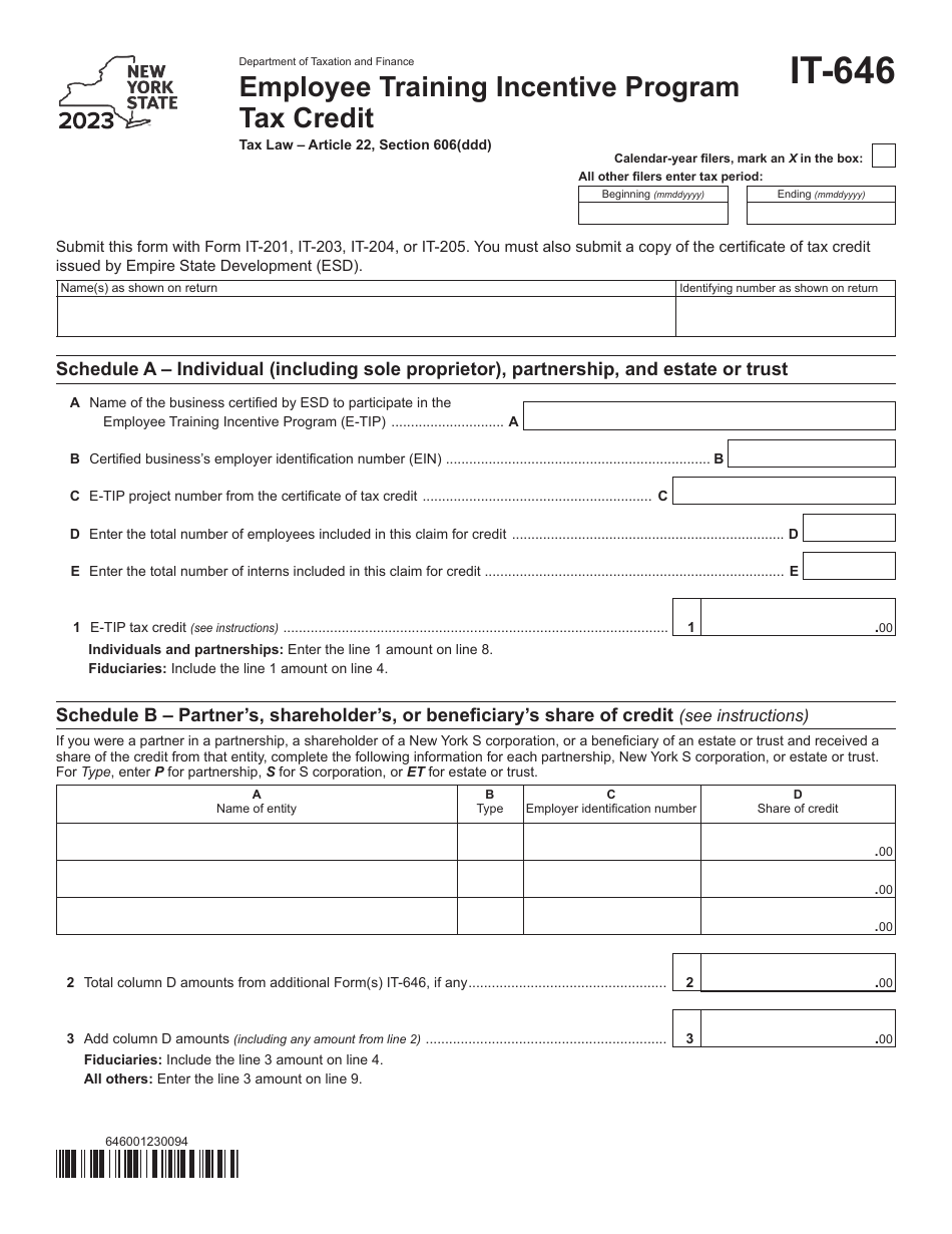 Form IT-646 Employee Training Incentive Program Tax Credit - New York, Page 1