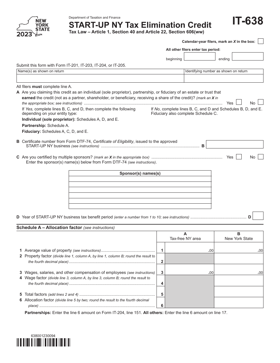 Form IT-638 Start-Up Ny Tax Elimination Credit - New York, Page 1