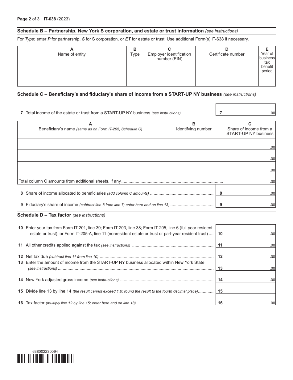 Form IT-638 Download Fillable PDF or Fill Online Start-Up Ny Tax ...