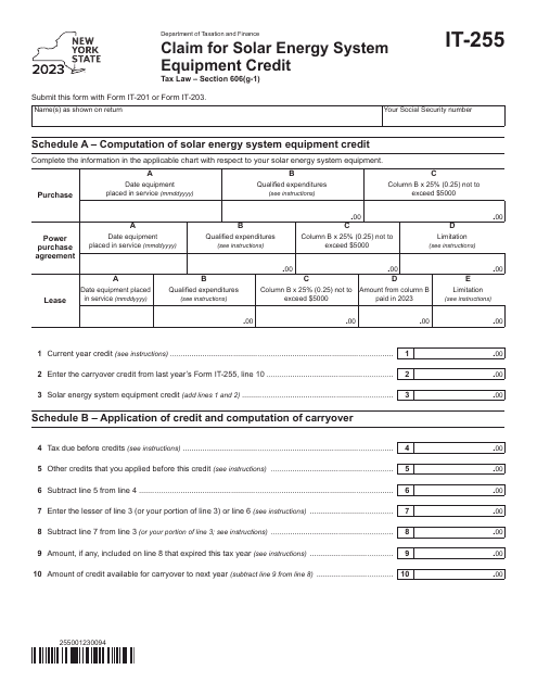 Form IT-255 Claim for Solar Energy System Equipment Credit - New York, 2023
