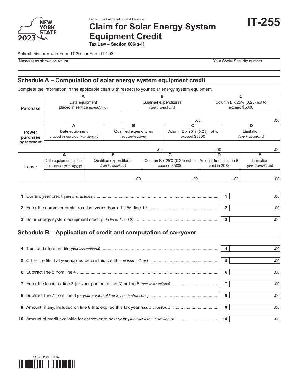 Form IT-255 Claim for Solar Energy System Equipment Credit - New York, Page 1