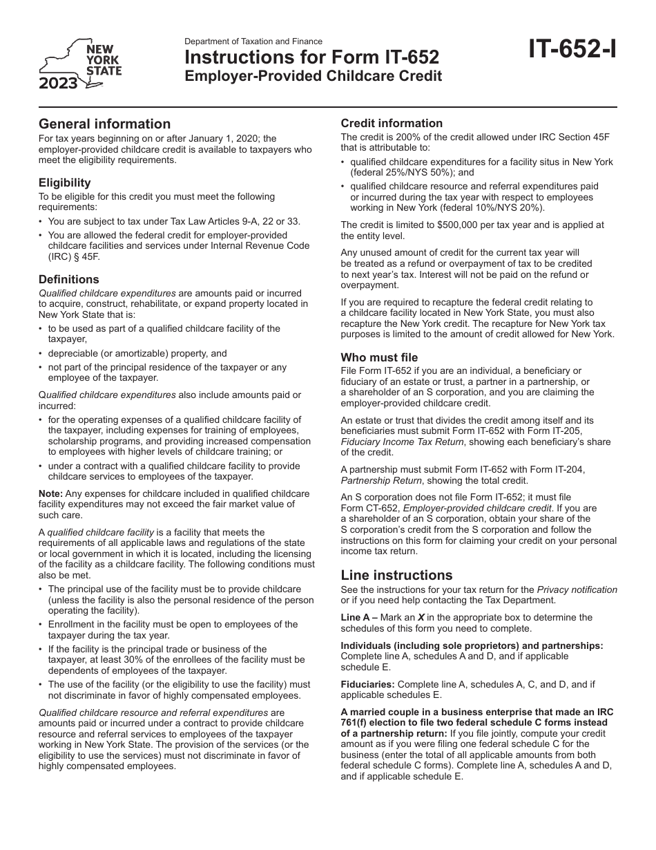 Instructions for Form IT-652 Employer-Provided Childcare Credit - New York, Page 1