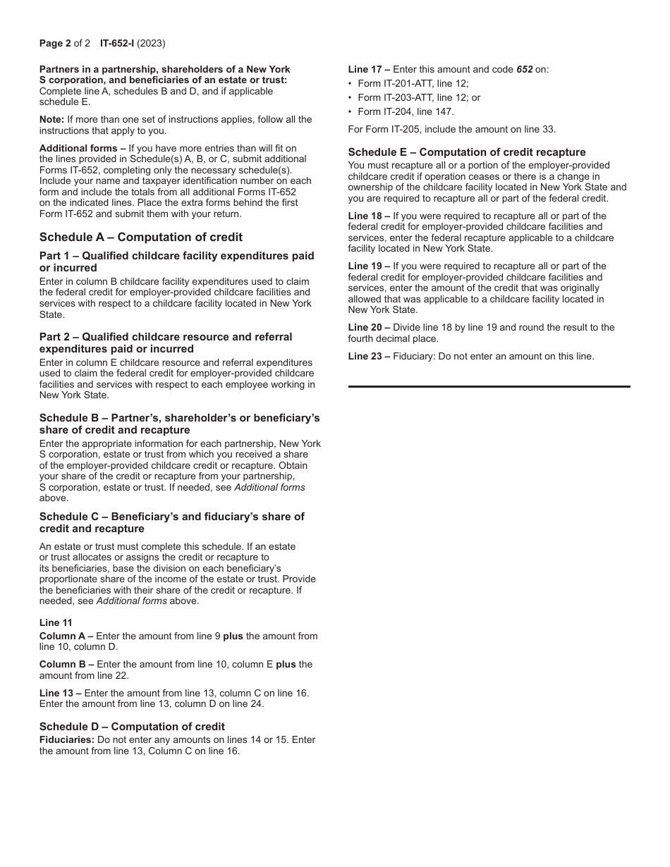 Instructions for Form IT-652 Employer-Provided Childcare Credit - New York, Page 2