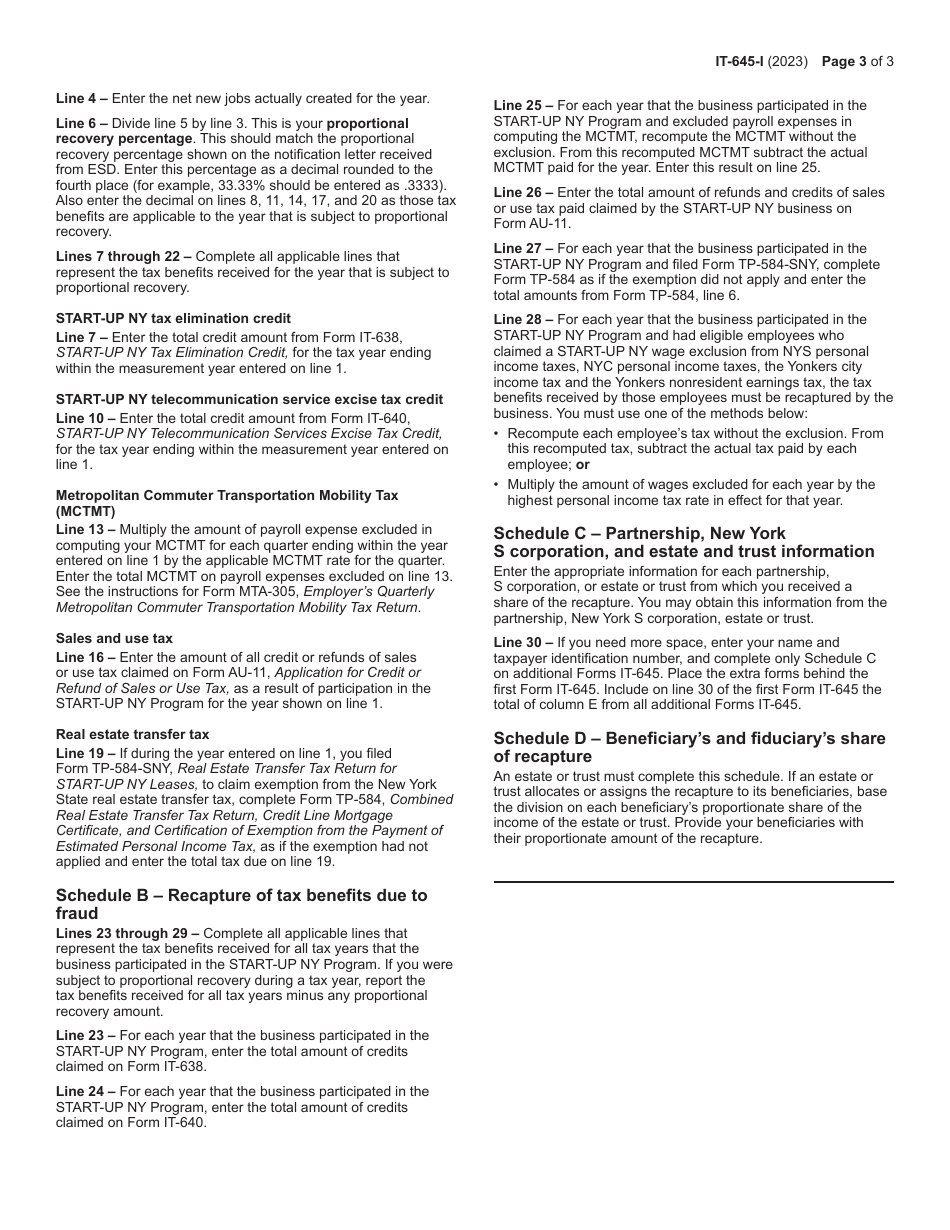 Instructions for Form IT-645 Recapture of Start-Up Ny Tax Benefits - New York, Page 3