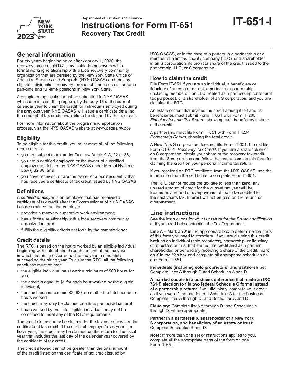 Instructions for Form IT-651 Recovery Tax Credit - New York, Page 1