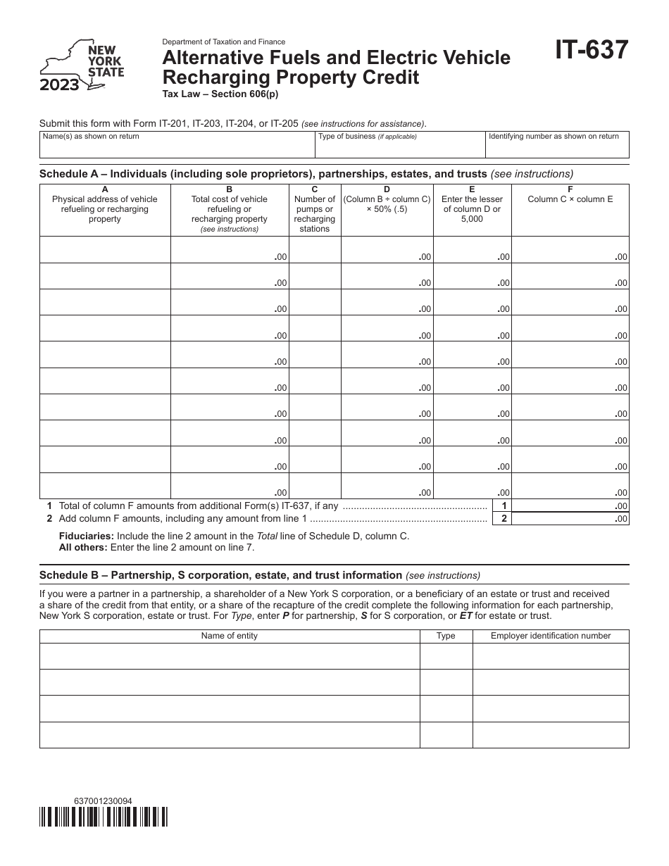 Form IT-637 Alternative Fuels and Electric Vehicle Recharging Property Credit - New York, Page 1