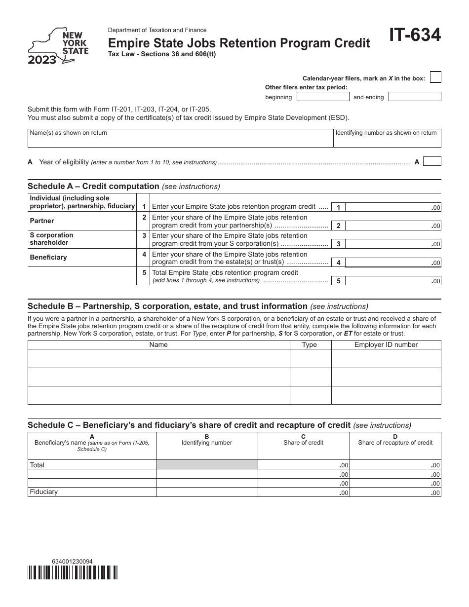 Form IT-634 Empire State Jobs Retention Program Credit - New York, Page 1