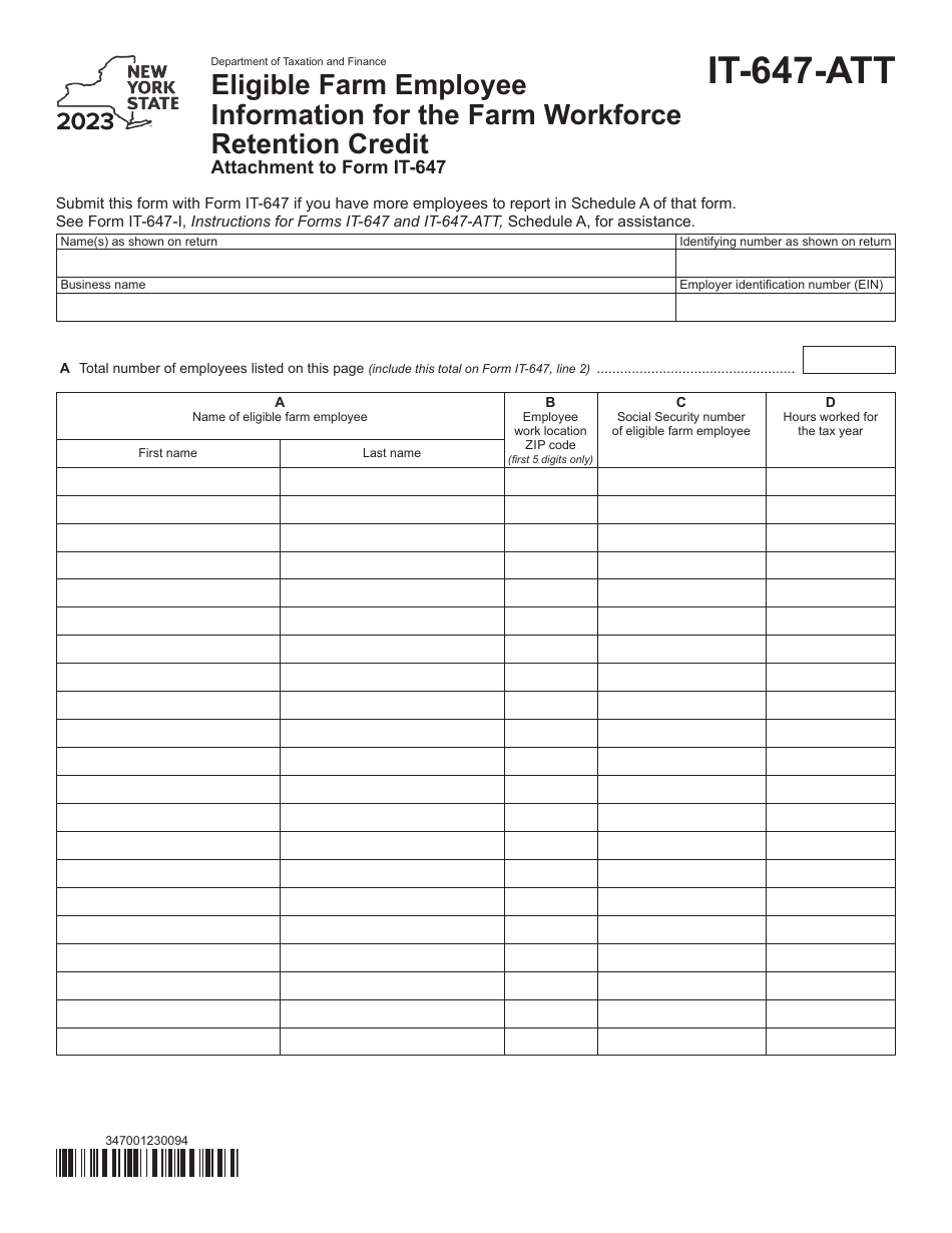 Form IT-647-ATT Eligible Farm Employee Information for the Farm Workforce Retention Credit - New York, Page 1