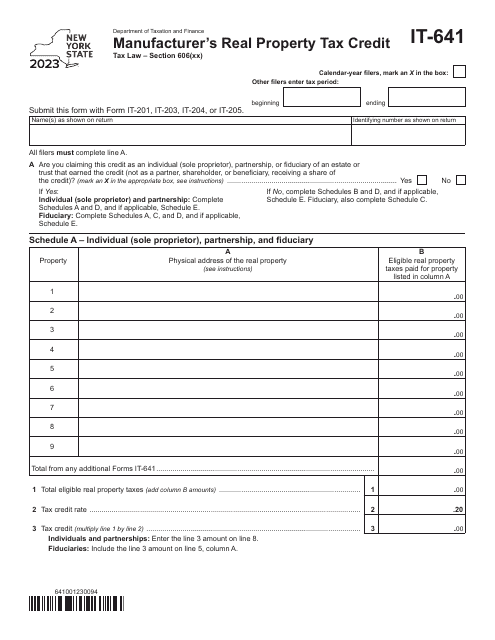 Form IT-641 Manufacturer's Real Property Tax Credit - New York, 2023