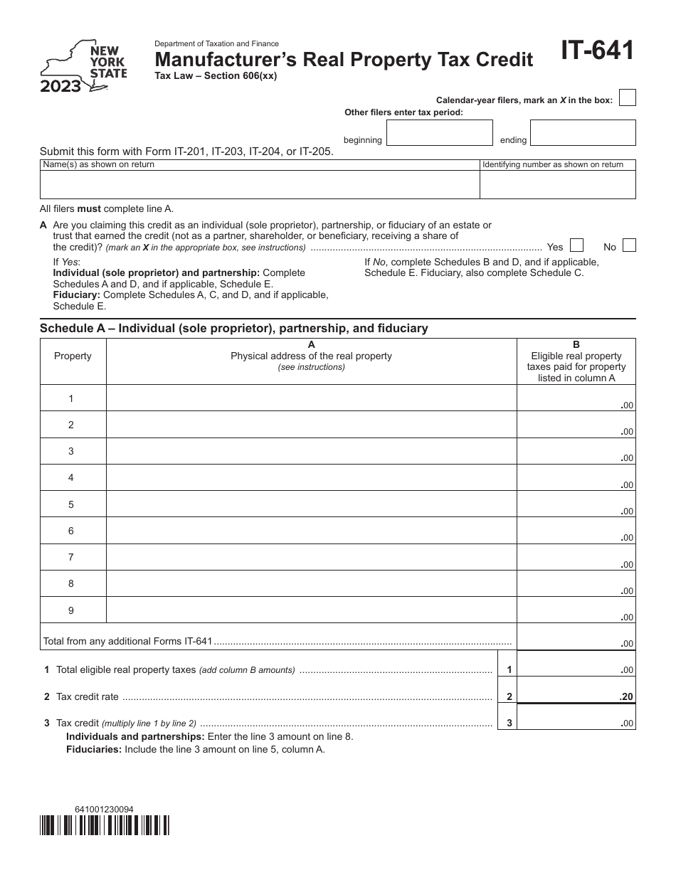 Form IT-641 Manufacturers Real Property Tax Credit - New York, Page 1