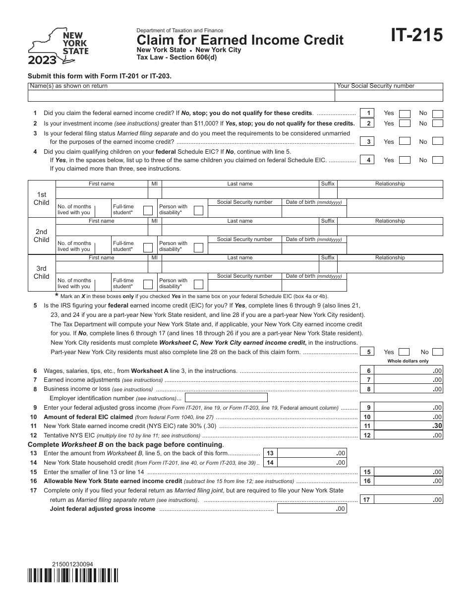 Form IT-215 Claim for Earned Income Credit - New York, Page 1