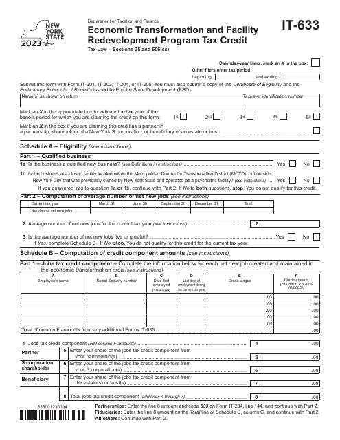Form IT-633 Economic Transformation and Facility Redevelopment Program Tax Credit - New York, 2023