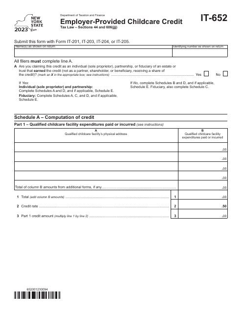 Form IT-652 Employer-Provided Childcare Credit - New York, 2023