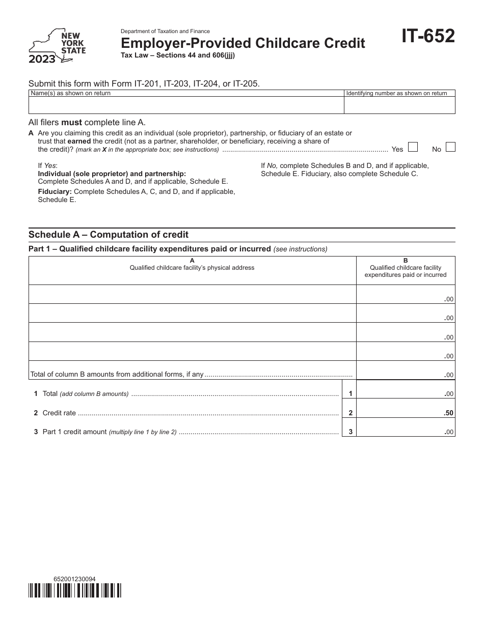 Form IT-652 Employer-Provided Childcare Credit - New York, Page 1