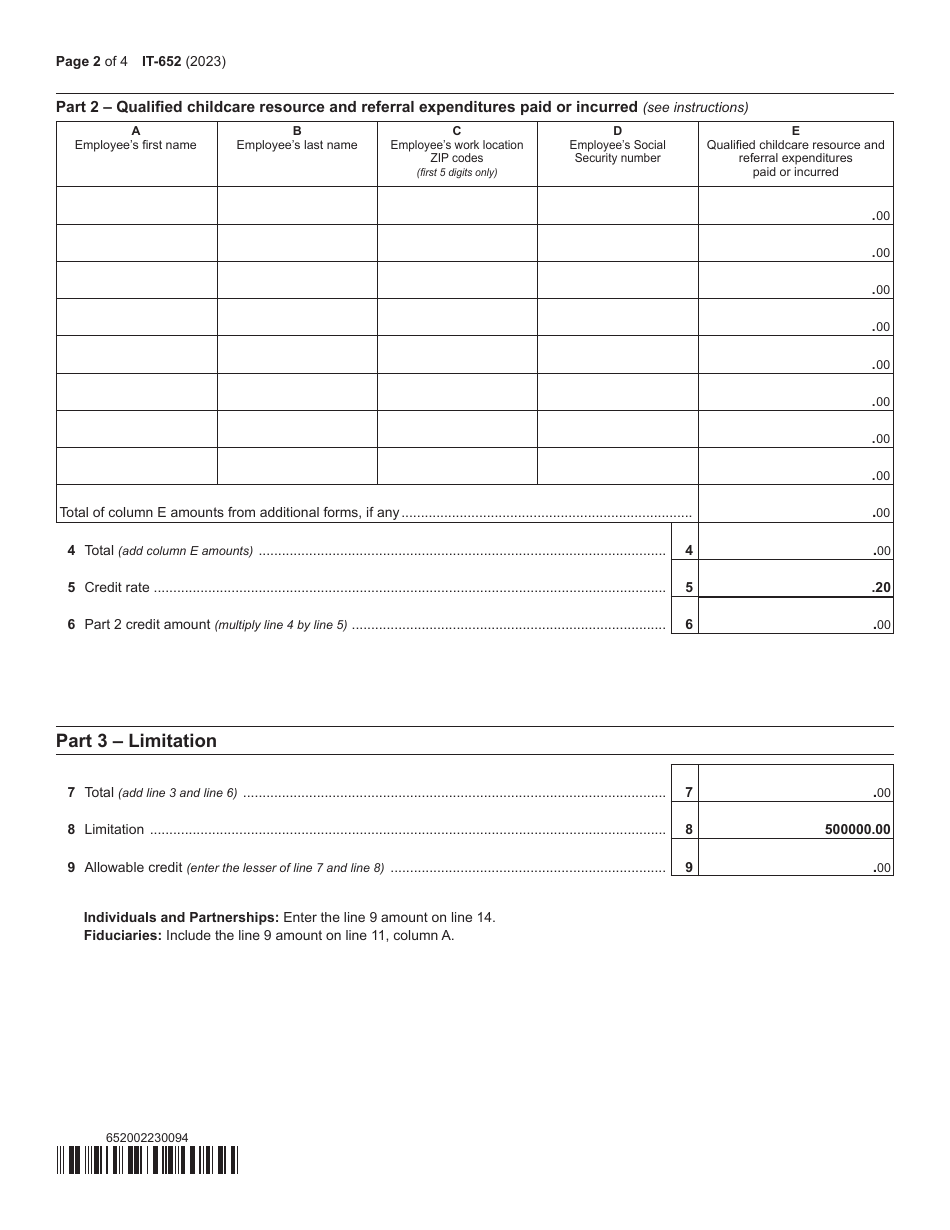 Form IT-652 Employer-Provided Childcare Credit - New York, Page 2