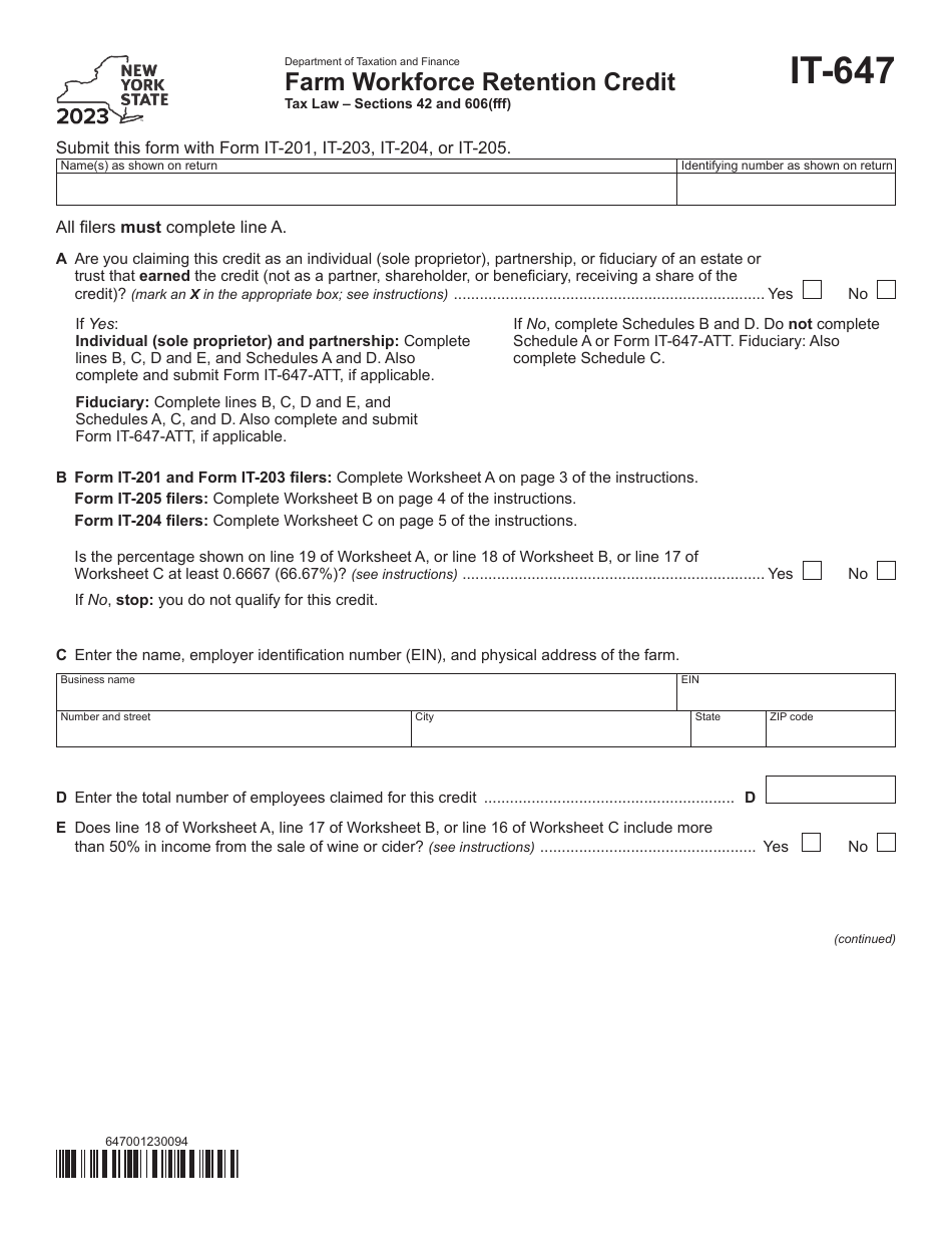 Form IT-647 Farm Workforce Retention Credit - New York, Page 1