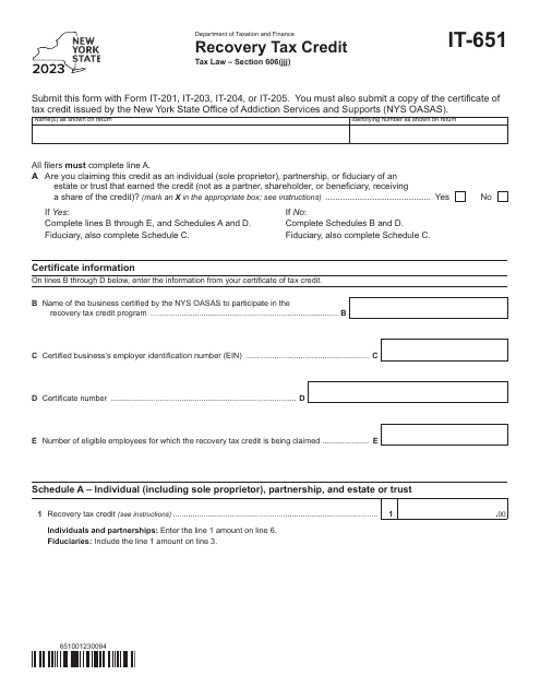 Form IT-651 Recovery Tax Credit - New York, 2023