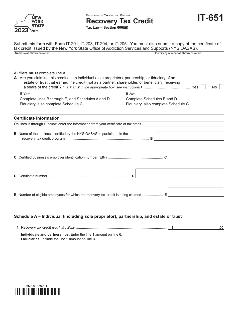Form IT-651 Recovery Tax Credit - New York, Page 1