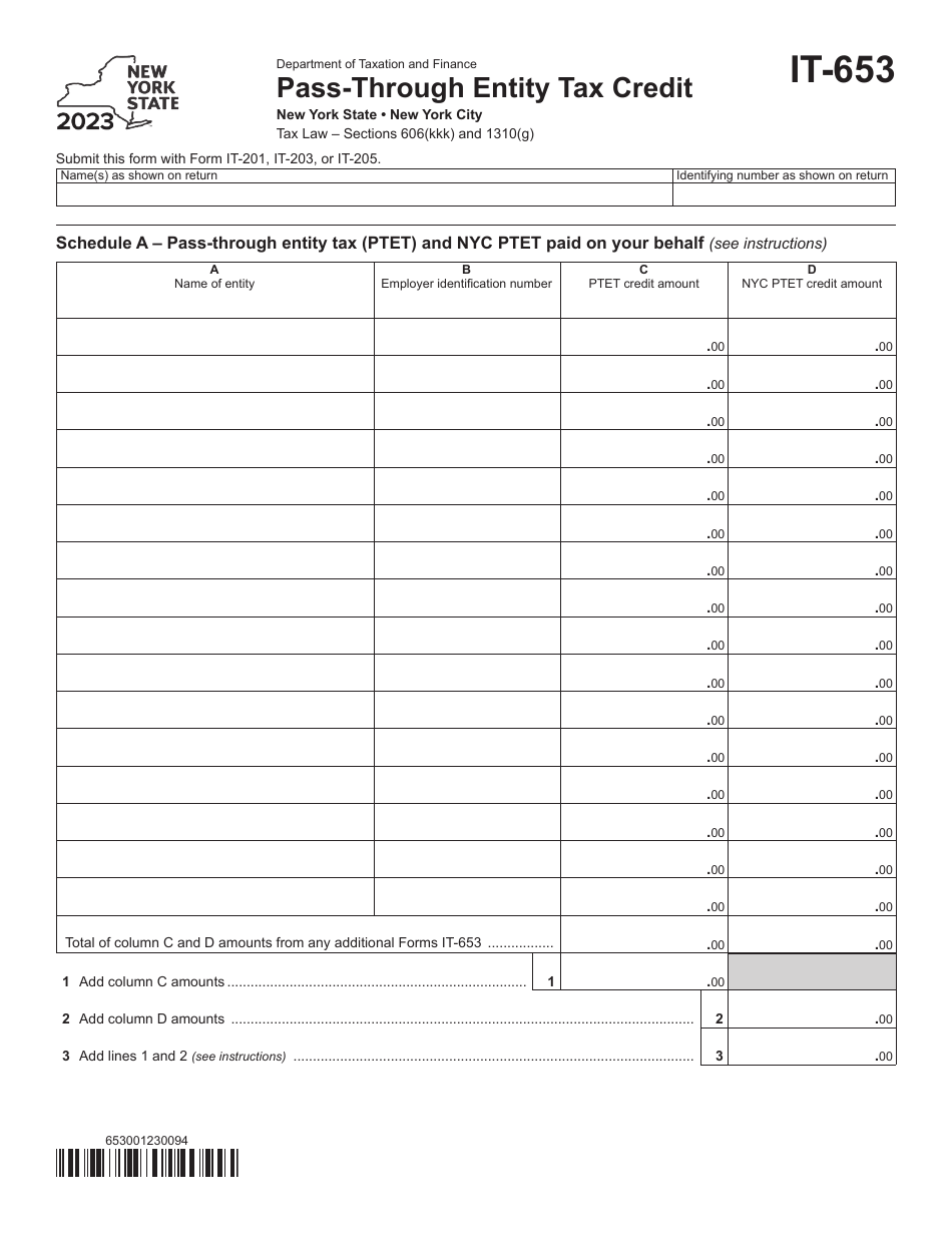 Form IT-653 Pass-Through Entity Tax Credit - New York, Page 1