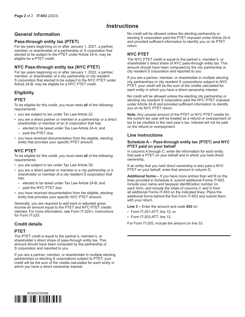 Form IT-653 Pass-Through Entity Tax Credit - New York, Page 2