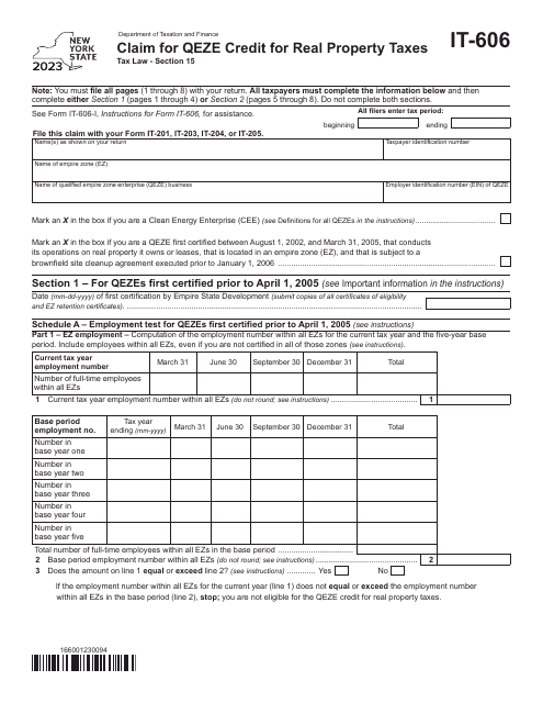 Form IT-606 Claim for Qeze Credit for Real Property Taxes - New York, 2023