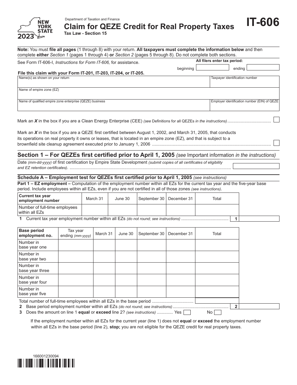 Form IT-606 Claim for Qeze Credit for Real Property Taxes - New York, Page 1