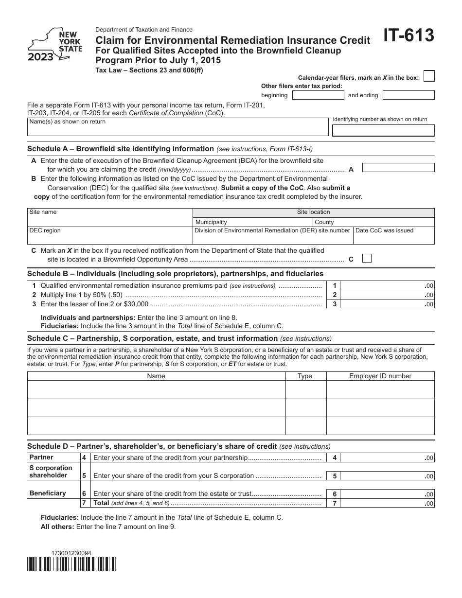 Form IT-613 Claim for Environmental Remediation Insurance Credit for Qualified Sites Accepted Into the Brownfield Cleanup Program Prior to July 1, 2015 - New York, Page 1