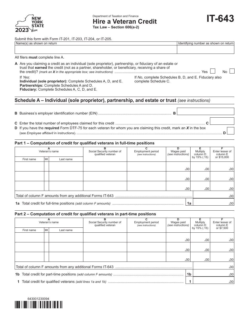 Form IT-643 Hire a Veteran Credit - New York, Page 1