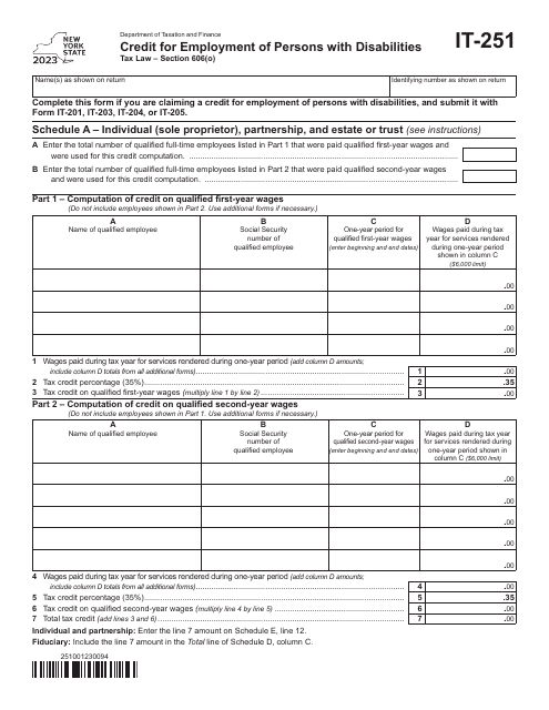 Form IT-251 Credit for Employment of Persons With Disabilities - New York, 2023