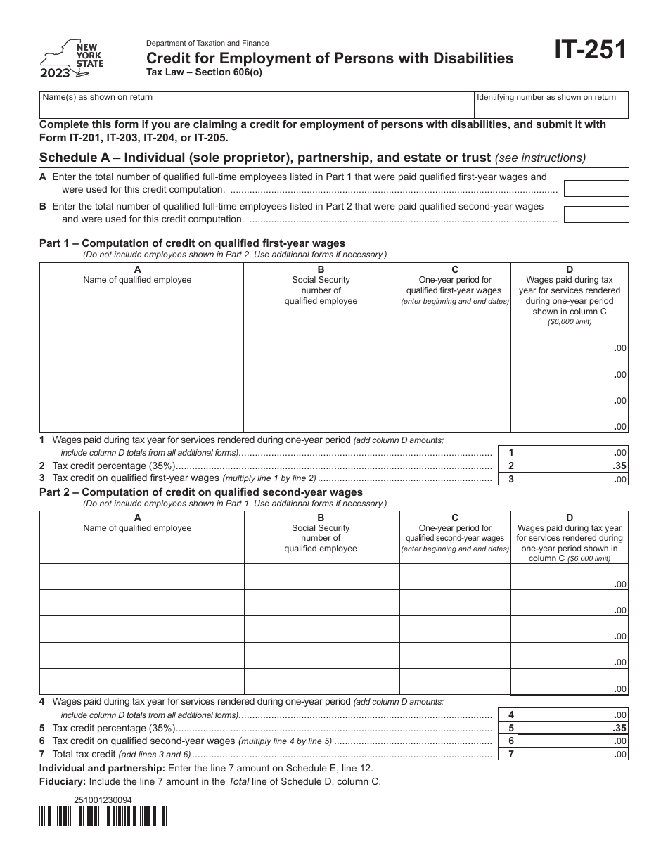 Form IT-251 Credit for Employment of Persons With Disabilities - New York, Page 1