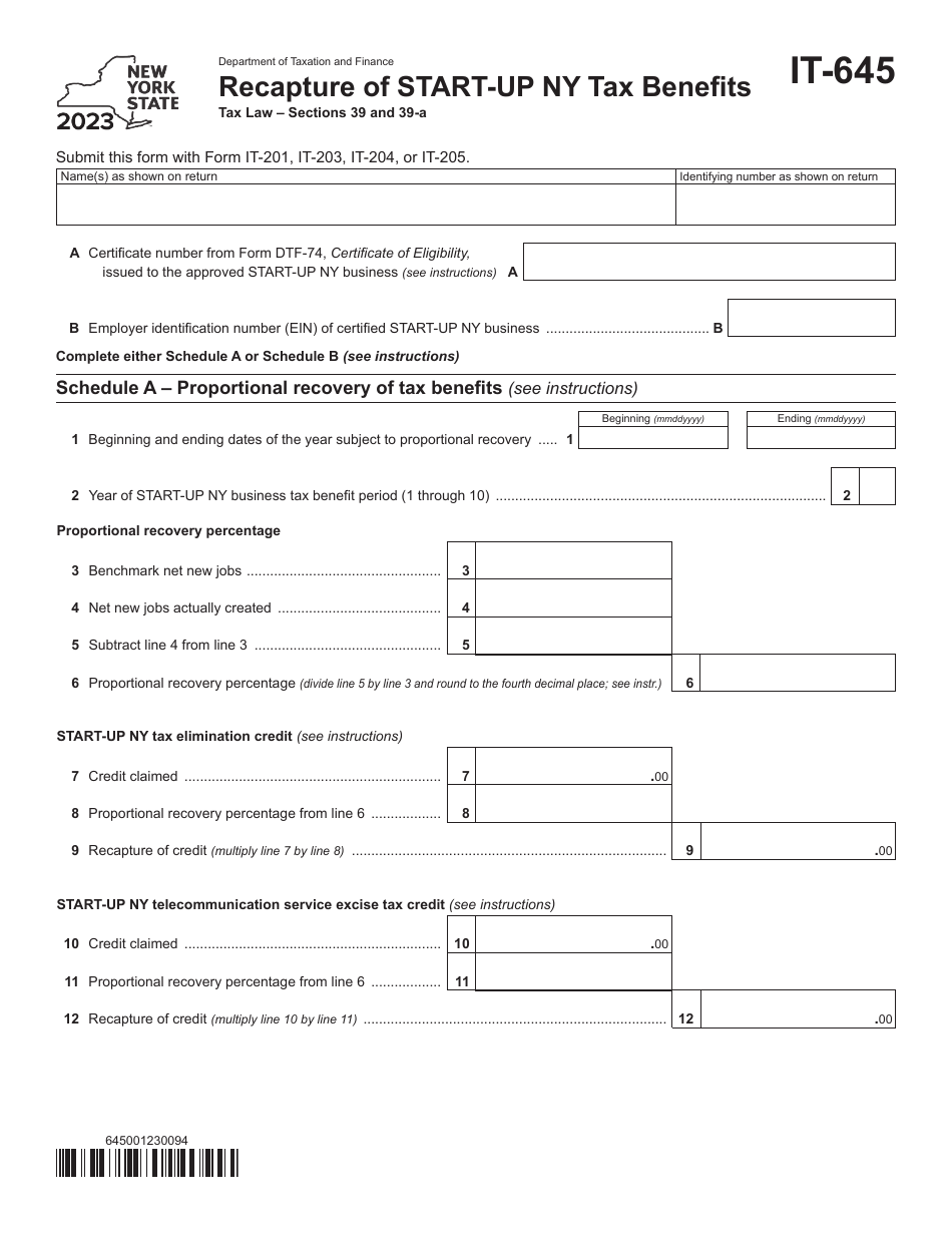Form IT-645 Recapture of Start-Up Ny Tax Benefits - New York, Page 1