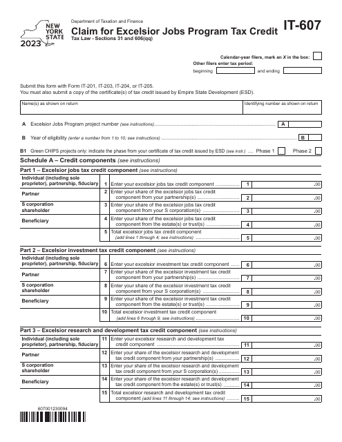 Form IT-607 Claim for Excelsior Jobs Program Tax Credit - New York, 2023