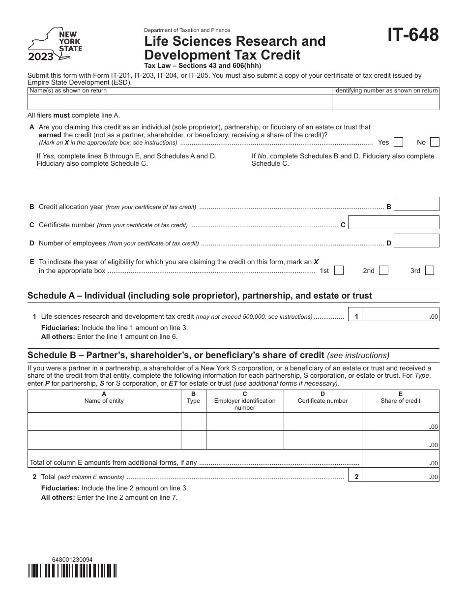 Form IT-648 Life Sciences Research and Development Tax Credit - New York, Page 1