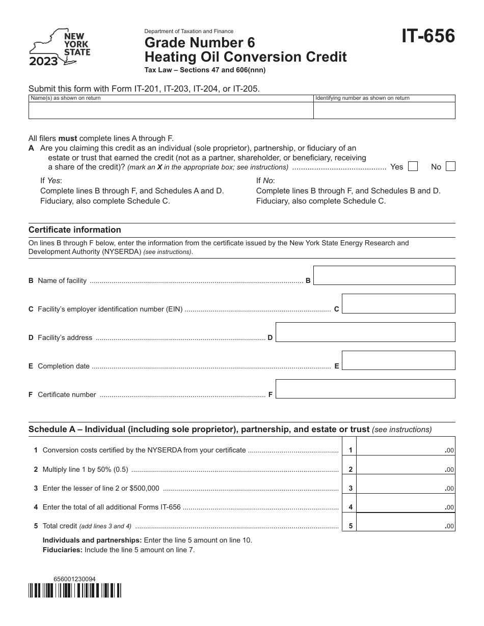 Form IT-656 Grade Number 6 Heating Oil Conversion Credit - New York, Page 1