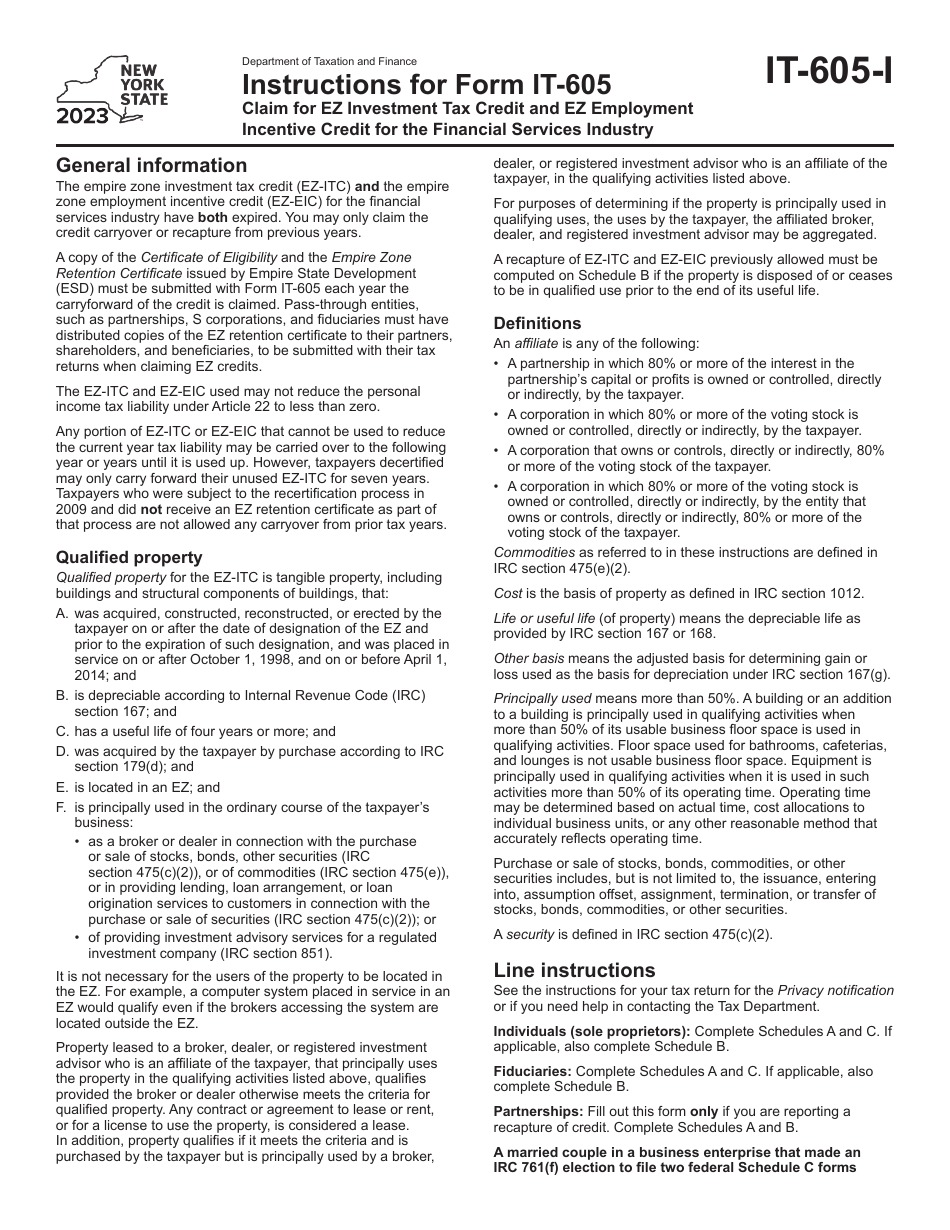 Instructions for Form IT-605 Claim for Ez Investment Tax Credit and Ez Employment Incentive Credit for the Financial Services Industry - New York, Page 1