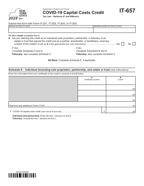 Form IT-657 Covid-19 Capital Costs Credit - New York, 2023