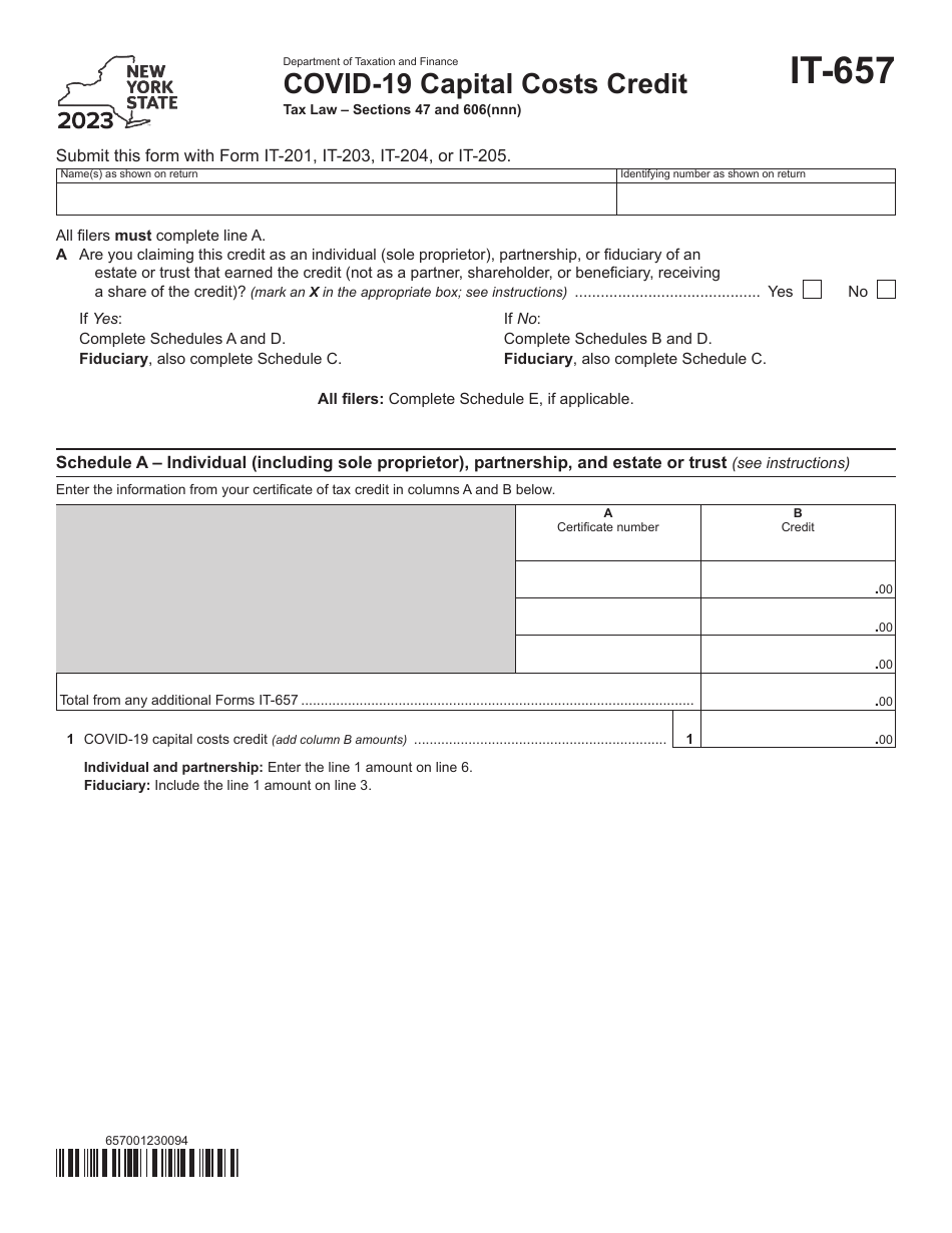 Form IT-657 Covid-19 Capital Costs Credit - New York, Page 1