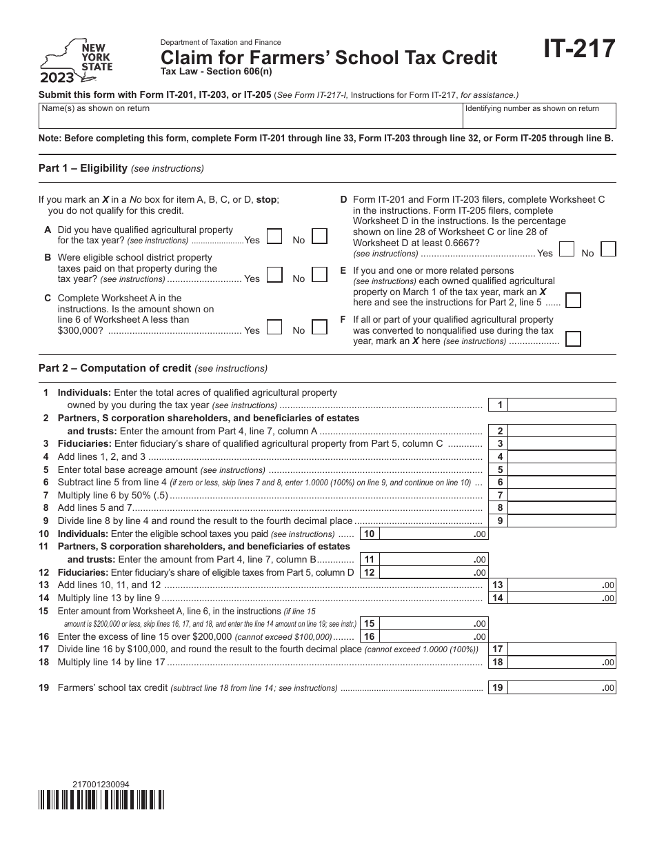 Form IT-217 Claim for Farmers School Tax Credit - New York, Page 1